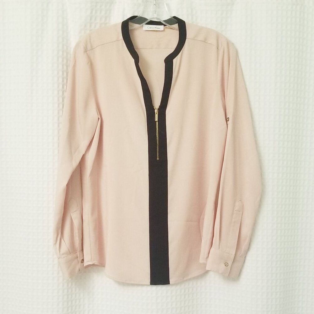 Calvin Klein Long Sleeve Blouse Zippered V-Neck Peach/Black EUC